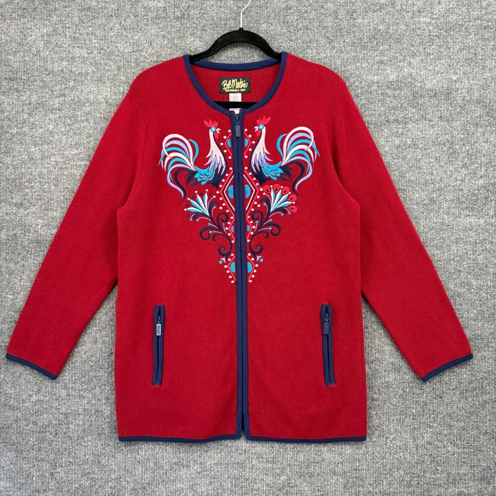 Bob Mackie Wearable Art Cardigan Womens M Red Embroidered Rooster Artsy Full Zip